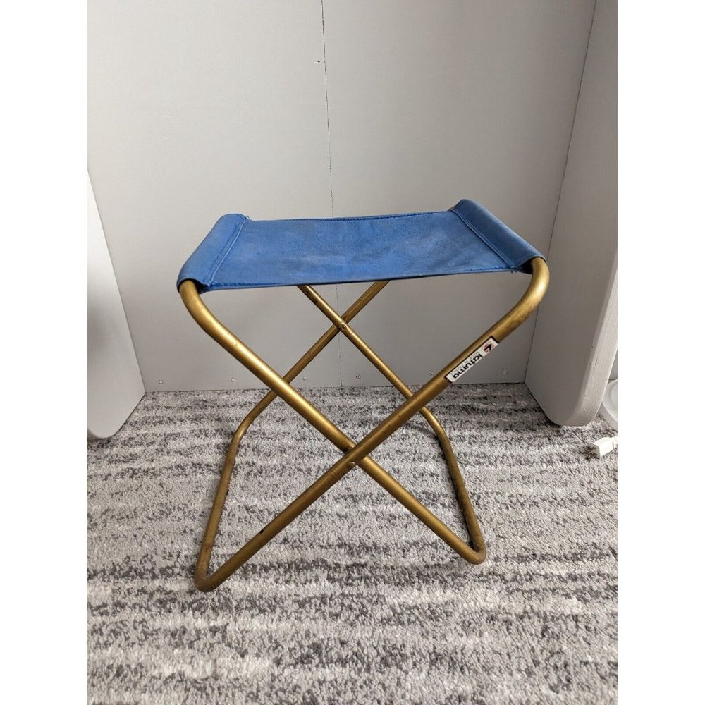 Lafuma Folding Stool Vintage Brass Blue Camping Beach Sports Compact Portable - Picture 2 of 7
